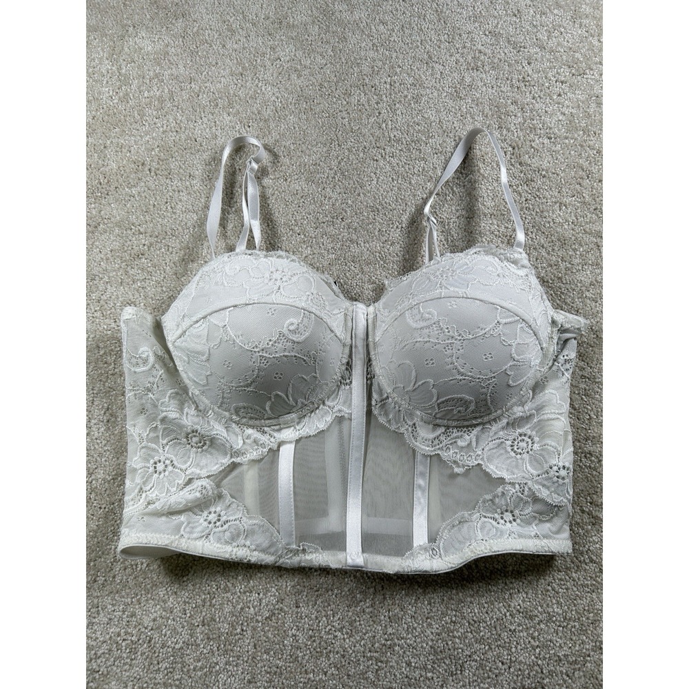 Say What L Boned Corset Top Lace Sheer Zip Back Strappy Coquette Bondage Sexy